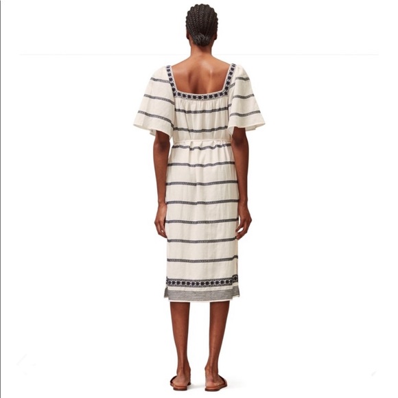 NWT Tory Burch Embroidered Midi Dress, Linen Blend, Ivory & Navy, Size M - Picture 3 of 11